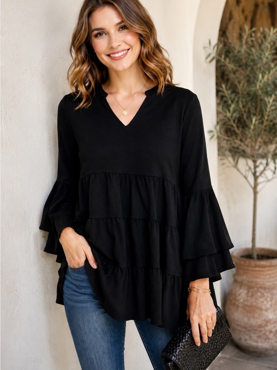 Zenana Outfitters Tops - Zenana Black Tiered Babydoll Blouse Bell Sleeve Top Small